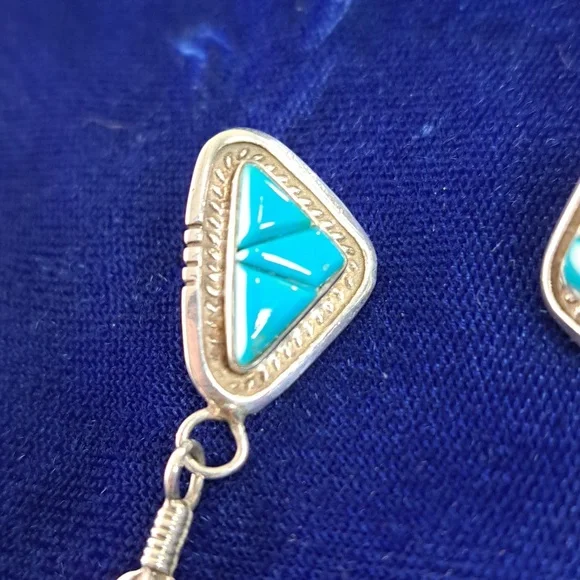 Vintage Native American Turquoise Sterling Silver Feather Earrings Signed - Picture 3 of 15